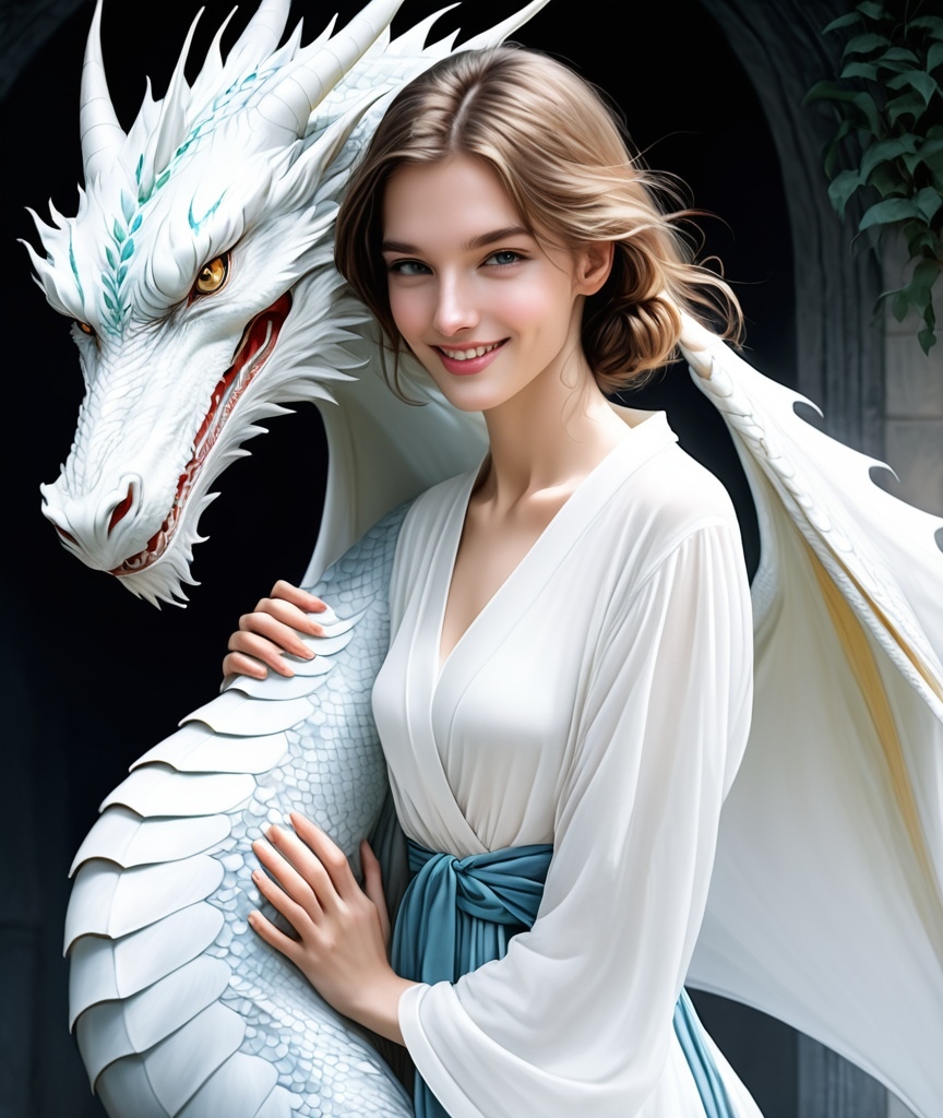 Prompt: Dufaycolor, Sophie Delaporte, Judith Desrosiers,  full body shot, white dragon's body wrapped around the woman, a friendly, smiling scene, A white dragon with gentle, lovely eyes and a young woman in her early twenties, she has sparkling smile, 