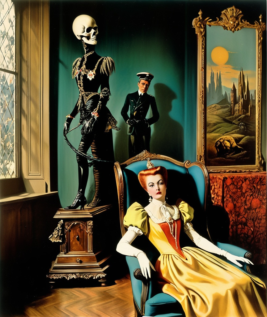 Prompt: vintage full color relic photograph surrealistic nightmare terror kitsch, Rita Angus, Cecil Aldin, Michael Cheval