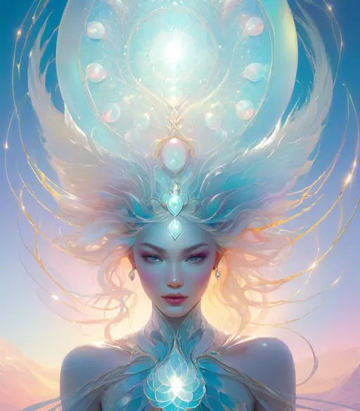 Prompt: Beautiful woman ethereal light being in the form of a human is wearing the chalcedony jewel, vibrant, bold