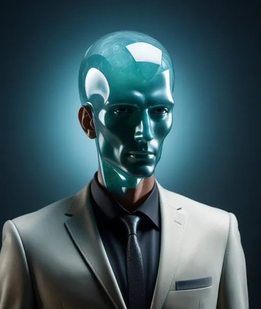 Prompt: hyper-realistic Humanoid Chalcedony Being with a Head made of smooth cryptocrystalline chalcedony with human features wearing a suede suit, full portrait, dynamic composition, surreal realism, backlit, subsurface scattering, portrait 