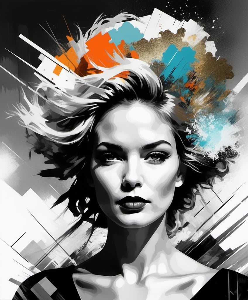 Prompt: portrait art by Fabienne Rivory, Derek Gores, Antonio Mora, Larry Carlson, Damien Hirst. Woman with wild hair, mother nature winds of change. Dynamic pose. Emotional. Unusual angle. in Art deco clothing. 