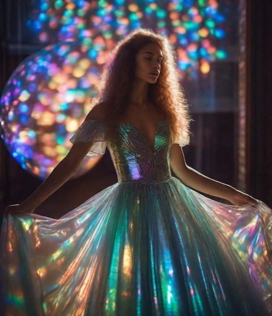 Prompt: lol wtf a holographic transparent iridescent plastic fabric ball gown in a ethereal beautiful ghostly girl, Rule of Thirds, Play with Lights and Shadows, Incorporate Lines and Patterns, Focus on the Subject, Add Depth, Use Colors to Create Mood, Capture the Details, photonegative refractograph 