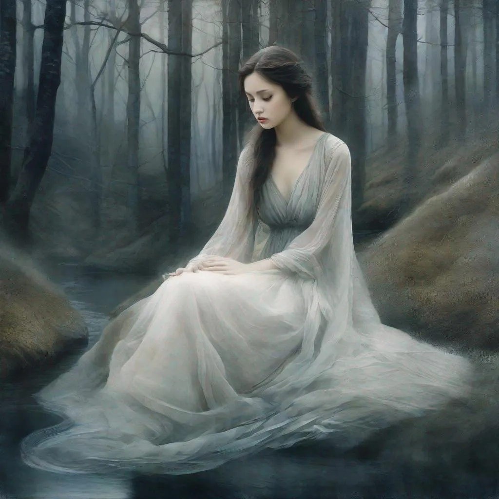 Prompt: A very beautiful dreamy ghostly young lady, very pretty face, remains alone and eternally sad  waiting for her long lost love to return art by Daria Endresen, John Reuss, Lin Fengmian, Robert Ryman, Elger Esser, Rimel Neffati. 3d, watercolors and ink, beautiful, fantastic view, extremely detailed, intricate, best quality, highest definition