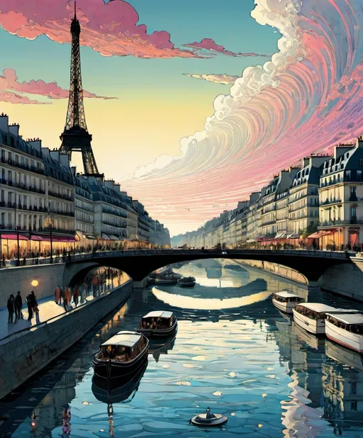 Prompt: Paris skyline mixing styles of Lancome cosmetics, Charles Dana Gibson: Warwick Goble: Laurie Greasley: Sam Guay: Asaf Hanuka: Eric Lacombe: Abigail Larson: Dave McKean: Kelly McKernan: Mike Mignola: Kay Nielsen: Anton Pieck: Paul Pope: Conrad Roset: simple surreal symphonic pulsing polymers, the big Wave, she is waiting to see it come.