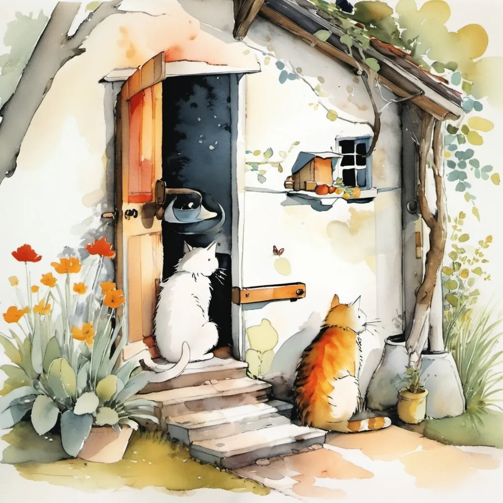 Prompt: The old grandpa sitting in the porch watches the cat playing with a mouse, whimsical house door by Tomie dePaola, Arthur Boyd, Isabelle Arsenault