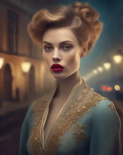 Prompt: The pretty dreamy heartbroken woman with beautiful face, art by Monia Merlo, Cristobal Balenciaga, Inna Mosina, Angus McBean, eksa Bleda, Elger Esser. Night Foggy Empty street background, warm colors pallet, rim lighting reflection, 3d, watercolors and ink, beautiful, fantastic view, extremely detailed, intricate, best quality, highest definition