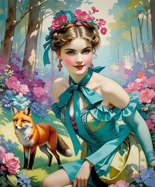 Prompt: Fanciful fearless girl Freya, festooned in florentine, fair aqua and fuchsia, she frolics with a friendly fox in a forest of fauvist flowers, style by Harrison Fisher, Kaffe Fassett, John Frederick Lewis, Frederick Catherwood