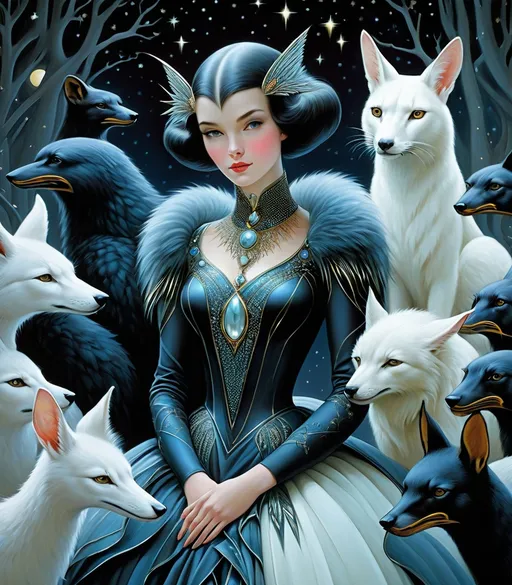 Prompt: She is a night woman surrounded by night animals style of Andrew Loomis, Bob Mackie, Frieke Janssens, Aaron Jasinski, Genevieve Godbout, Morris Hirshfield, Robert Gillmor, Amy Giacomelli. Soft pearlercent colors, Extremely detailed, intricate, beautiful, 3d, high definition