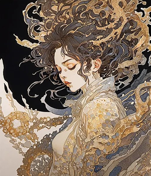 Prompt: the cheshire princess has found her joy: she has a mythical dragon protector. Android Jones, James Jean, takato yamamoto, Arthur Rackham. watercolor, volumetric lighting, maximalist, concept art, intricately detailed, elegant, expansive, 32k, fantastical, golden ratio principles, haunted, glass sculpture, honeycomb patterns, art by makoto shinkai, conrad roset. 3d, iridescent watercolors ink, polished finish, gradient chrome colors.