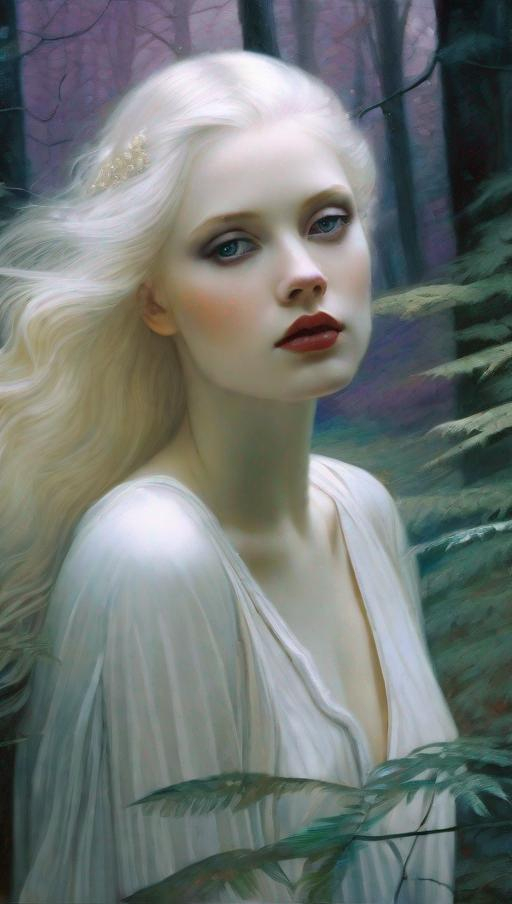 Prompt: A very beautiful albino girl, Violet eyes, long hair, dark and silver  ethereal clothes, in a magical Forest art by William Oxer, Nickolas Muray, Fritz Lang, Charles Robinson, esao Andrews. 3d, extremely detailed, intricate, high definition, crisp quality 