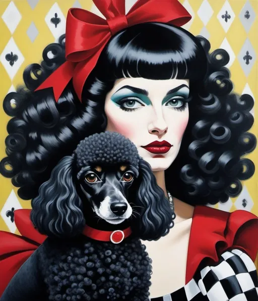 Prompt: Art by Rene Gruau, Mondo Guerra, Clare Elsaesser, Julie Arkell, carnivalesque captures a harlequin woman, she has an extravagant choppy hairstyle with black and white streaks of hair, beautiful eyes, full lips, elegant hands, wearing a puffy off shoulder madder red dress. Her royal poodle with thick black and white curly coat poodle dog is with her. The resemblance of a dog to its owner, complicity, exaggerated facial expressions. Black, dark greens, red, saffron yellow and white.