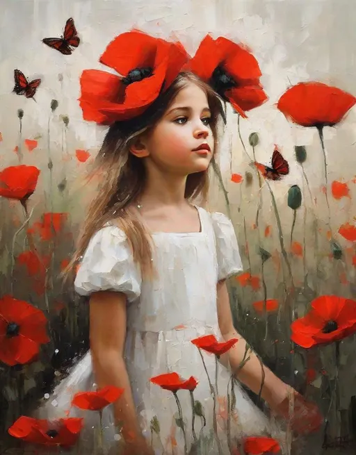 Prompt: Thick palette knife drawing, art by Beth Conklin: a pretty young girl and the butterflies sitting through the poppies. Tall red poppies touching her face, the butterflies flying around her head. large brush strokes, oil painting, she is wearing a white dress.
