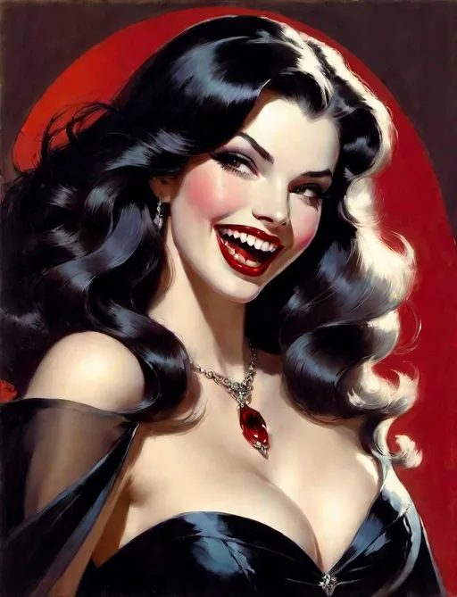 Prompt: laughing vampire woman with long fangs. Beautiful. Pale skin. Ruby lips. Dark flowing hair. Art by Gil Elvgren.