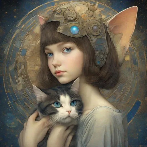 Prompt: A beautiful girl and her cute alien cat art style by Leiji Matsumoto, Marianne Stokes, endre penovac, catrin welz Stein, Mondrian, James jean. High quality, highly detailed, intricate details.dynamic lighting award winning fantastic view ultra detailed high definition hdr focused glow shimmer