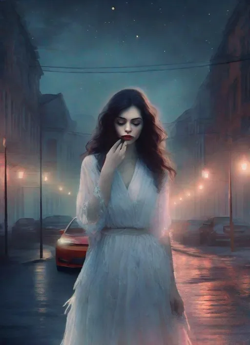 Prompt: The pretty dreamy heartbroken woman with beautiful face, art by Reylia Slaby, Rimel Neffati, Cristobal Balenciaga, Monia Merlo, Nelleke Pieters, Elger Esser. Night Foggy Empty street background, rim lighting reflection, 3d, watercolors and ink, beautiful, fantastic view, extremely detailed, intricate, best quality, highest definition
