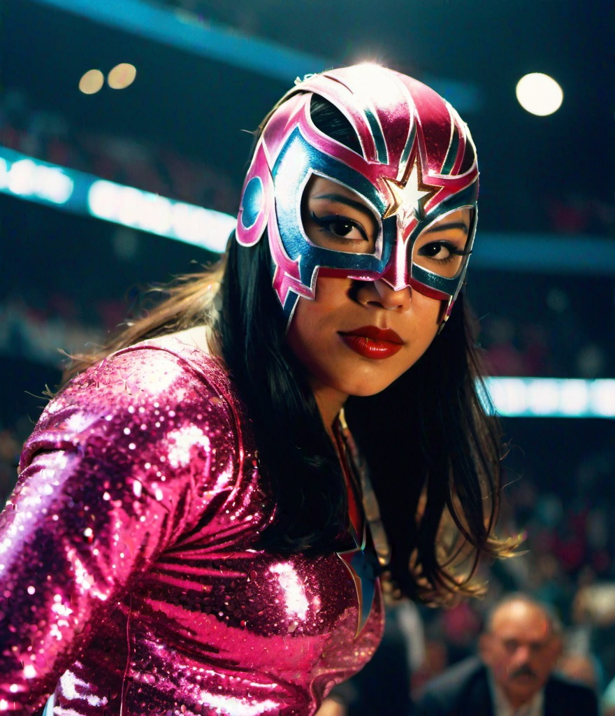 Prompt: a girl dressed in a Lucha Libre outfit, in the style of glittery and shiny, alex ross, 8k resolution, exotic subject matter, 35mm lens, photonegative refractograph, sergio larraín, superheroes 