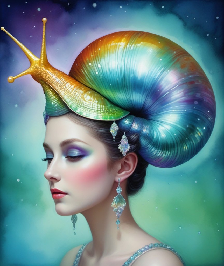 Prompt: A beautiful iridescent snail queen, beautiful iridescent snail shell as a crown, she is beautiful dazzling, glistening rainbow, iridescent shells, beautiful face, shimmering, caia Koopman, Hiro isono, Van Gogh, endre penovac, catrin welz-stein, Jean Baptiste monge, Gerhard Richter, sascalia, Amy sol. Watercolor impasto, Highly detailed, intricate, crossed colors, beautiful, high definition, fantastic view. 3d, iridescent Watercolors and Ink, intricate details, volumetric lighting 