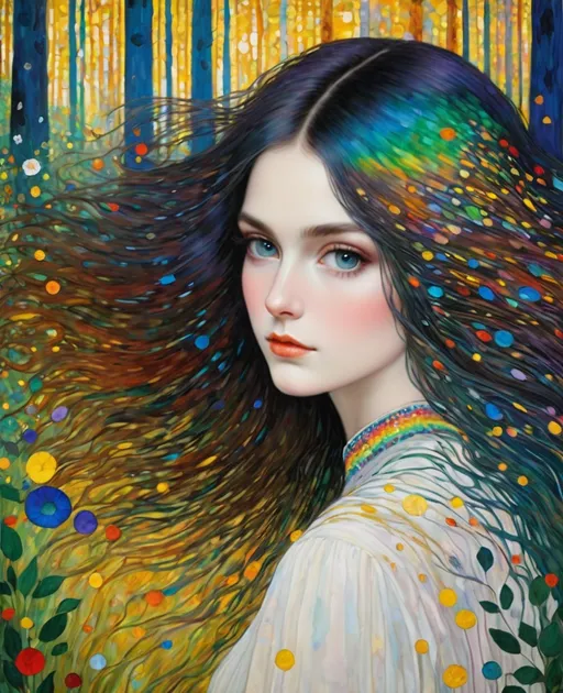 Prompt: The beautiful young lady, She comes in colors everywhere She combs her hair She's like a rainbow Coming, colors in the air Oh, everywhere She comes in colors, Gustav Klimt, Carboniferous Forest