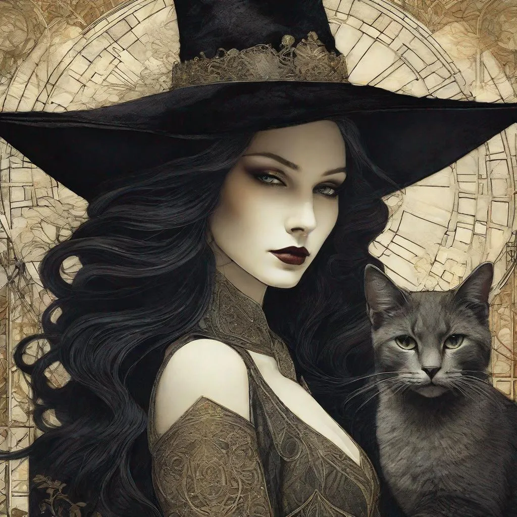 Prompt: A beautifull gothic witch and her fluffy bicolor magical cat art style by Masaaki Sasamoto, Philip Treacy, Hedi Xandt, Eduard Veith, William Wray,  Christian Schloe, endre penovac, catrin welz Stein, Mondrian, James jean. High quality, highly detailed, intricate details.dynamic lighting award winning fantastic view ultra detailed high definition hdr focused glow shimmer