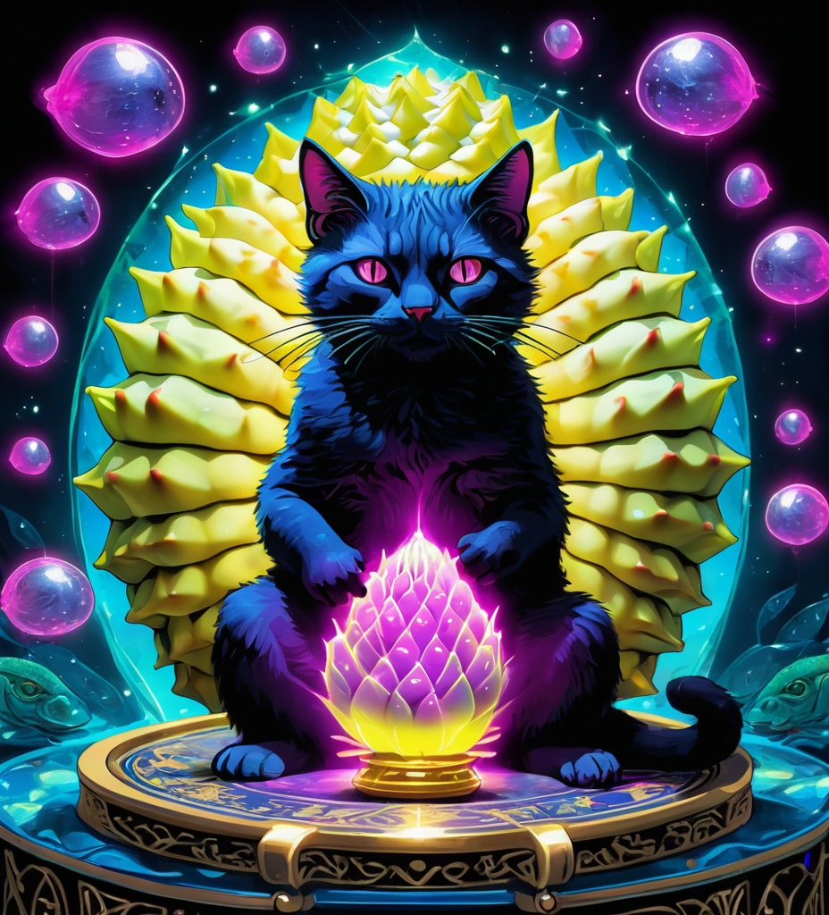 Prompt: Cat fish Magic Blacklight Neon Durian Tarot card full art 