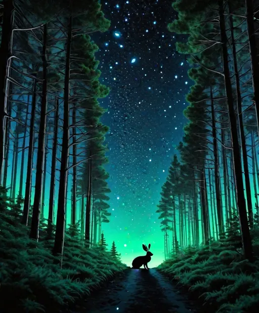 Prompt: photonegative refractograph of a hare walking pass realistic huge green pine forest, minimal figures, starry blue night 