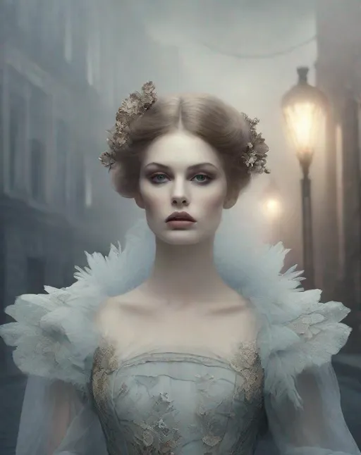 Prompt: The pretty dreamy heartbroken woman with beautiful face, art by Monia Merlo, Cristobal Balenciaga, Inna Mosina, Angus McBean, eksa Bleda, Elger Esser. Foggy Empty street background, Cold colors pallet, rim lighting reflection, 3d, watercolors and ink, beautiful, fantastic view, extremely detailed, intricate, best quality, highest definition