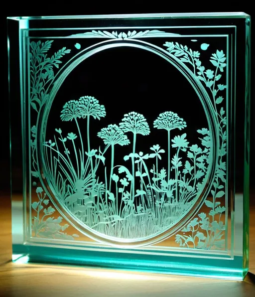 Prompt: life, laser etched glass 
