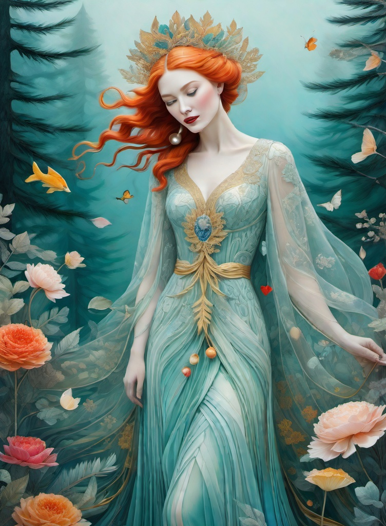 Prompt: multi exposure, goddess of love with pearl masterpiece coniferous, 3/4 portrait, fashion editorial art by Lin Fengmian, Anna dittmann, Justin Gaffrey, John Lowrie Morrison, Patty Maher, John Ruskin, Chris Friel, van Gogh, Valerie Hegarty, endre penovac. 3d, soft colors watercolors and ink, beautiful, fantastic view, extremely detailed, intricate, best quality, highest definition, rich colours 3d, extremely detailed, intricate, beautiful, high definition 