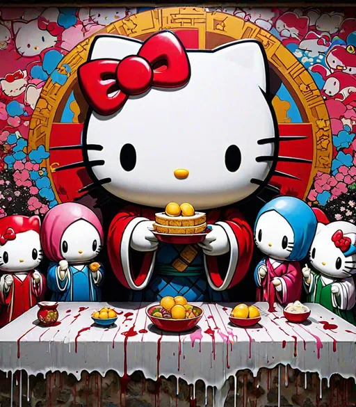 Prompt: graffiti Japanese pop art of hello kitty last supper 