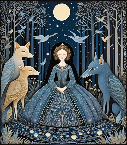 Prompt: She is a night woman surrounded by night animals style of Patricia Polacco, Genevieve Godbout, Morris Hirshfield, Robert Gillmor, Amy Giacomelli. Soft pearlercent colors, Extremely detailed, intricate, beautiful, 3d, high definition