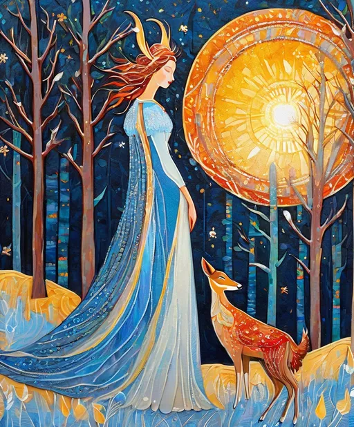 Prompt: A very beautiful lady, fawncore, winter sunrise, praise the sun, textured painting, impasto, fauvist, magical realism style, Emily Balivet, Del Kathryn Barton, Elsa Beskow