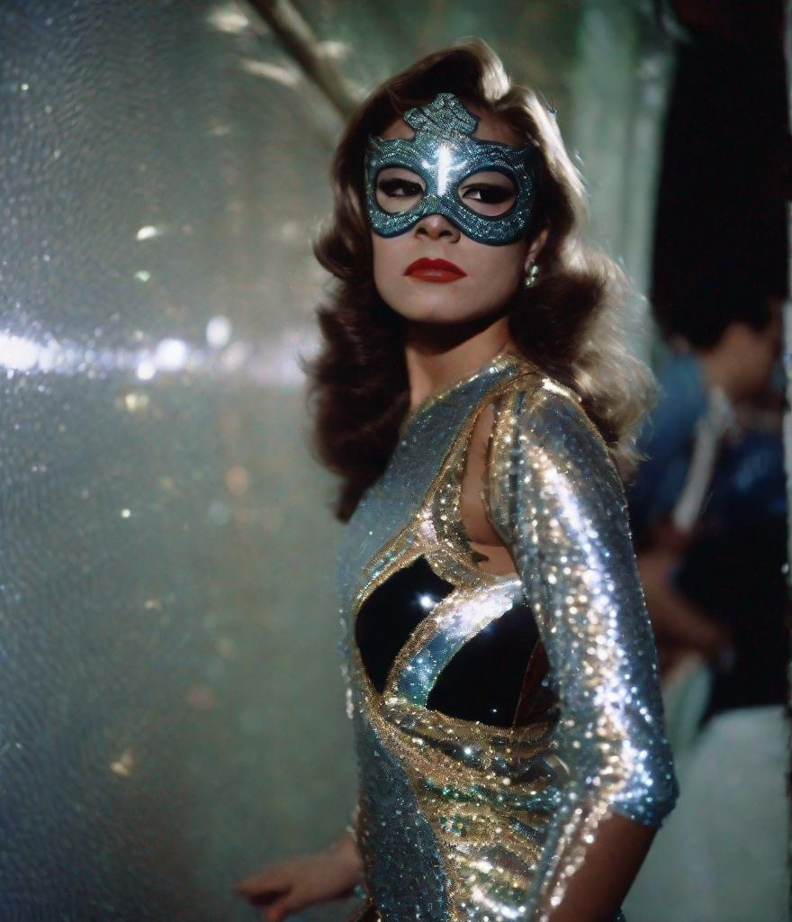 Prompt: a girl dressed in a Lucha Libre outfit, in the style of glittery and shiny, alex ross, 8k resolution, exotic subject matter, 35mm lens, photonegative refractograph, sergio larraín, superheroes 