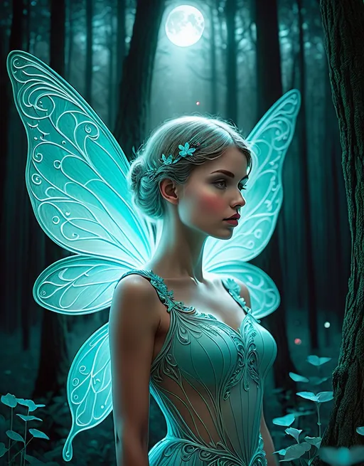 Prompt: Anaglyph, Beautiful moonlight forest girl fairy , Annick Bouvattier, surreal dream. Extremely detailed, intricate, beautiful, high definition 