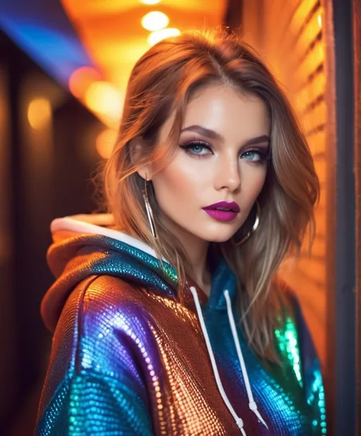 Prompt: Style by David Bellemere, Dana Trippe, Colorful lizard hoodie on a girl, bright colorful lipstick, eyeliner and eye shadow, metallic makeup, knit hoodie, orange lighting, 