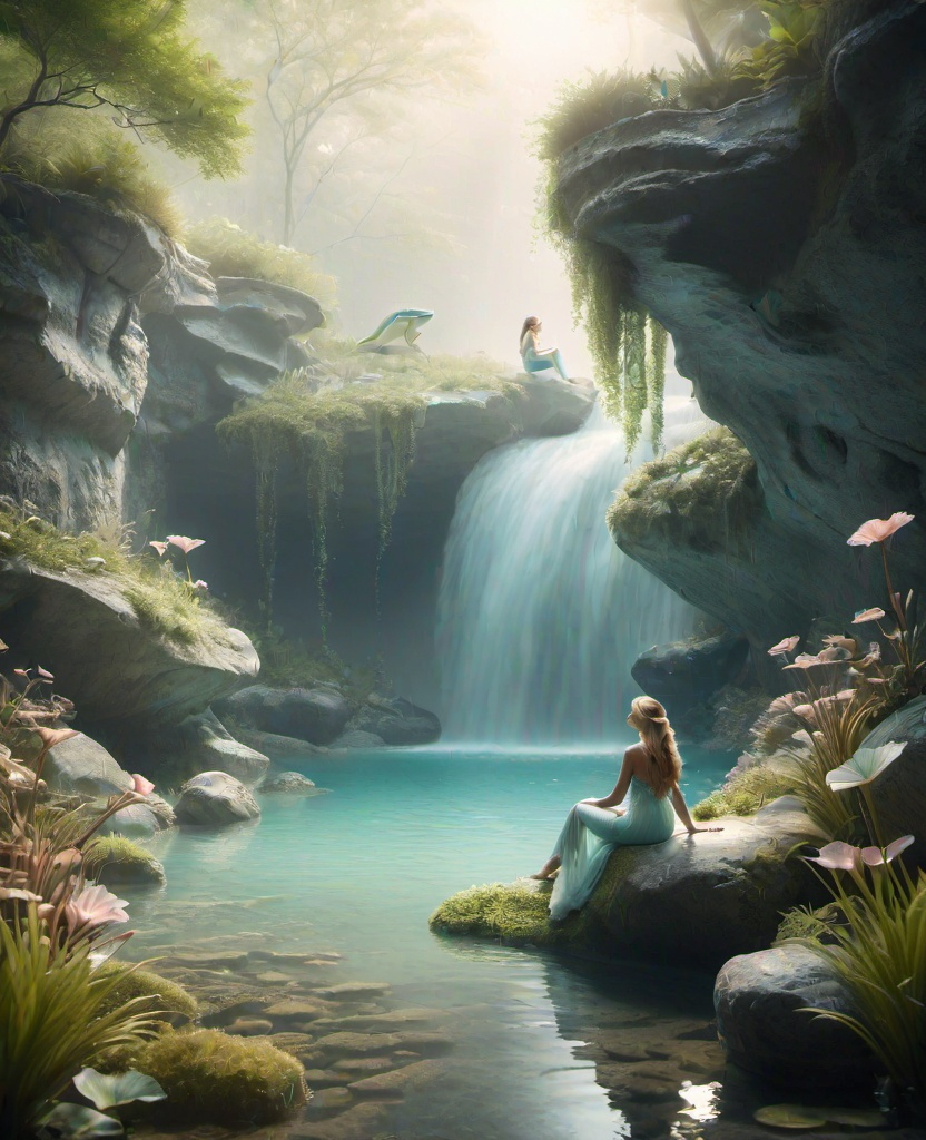 Prompt: professional photography of dreamy and ethereal landescape image of an American amphibian half human mermaids. The image includes soft and muted colors in pastels in a soothing atmosphere. Rendered in a soft and gentle lighting technique. Post-processing includes tone mapping and balance in white to enhance the dreamy and otherworldly quality of the image. n the style of textured shading, volumetric, rtx, atmospheric, ultra realistic, photographic, hyper detailed, dramatic.