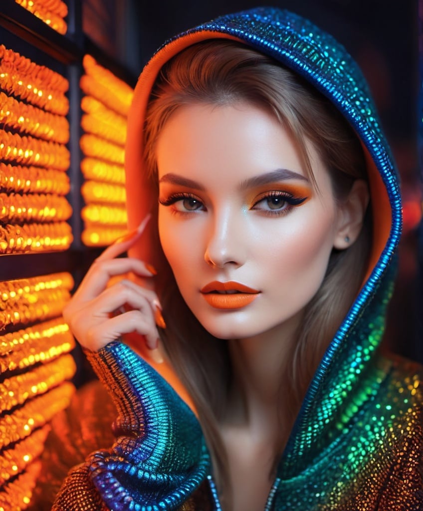 Prompt: Style by David Bellemere, Serge Lutens, Nickolas Muray, Colorful chameleon hoodie on a girl, bright colorful lipstick, eyeliner and eye shadow, metallic artistic makeup, knit hoodie, orange lighting, 