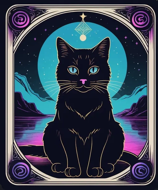 Prompt: minimalistic illustration, dentacelestial Cat in the style of Tarot, Mystical, symbolic, esoteric, ancient, divination, artistic, archetypal, magical, captivating, intuitive, spiritual, enchanting, mysterious, introspective, mythical, illustrations, synthwave ambrotype 