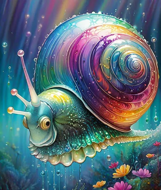 Prompt: A beautiful iridescent snail kingdom queen, glistening rainbow, iridescent shells, beautiful face, shimmering, dazzling, caia Koopman, Hiro isono, Van Gogh, endre penovac, catrin welz-stein, Jean Baptiste monge, Gerhard Richter, sascalia, Amy sol. Watercolor impasto, Highly detailed, intricate, crossed colors, beautiful, high definition, fantastic view. 3d, iridescent Watercolors and Ink, intricate details, volumetric lighting 