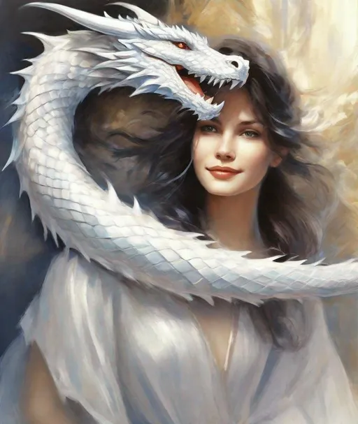 Prompt: Style of Judith Desrosiers: full body shot, white dragon's body wrapped around the woman, a friendly, smiling scene, A white dragon with gentle, lovely eyes and a young woman in her early twenties, she has sparkling smile, 