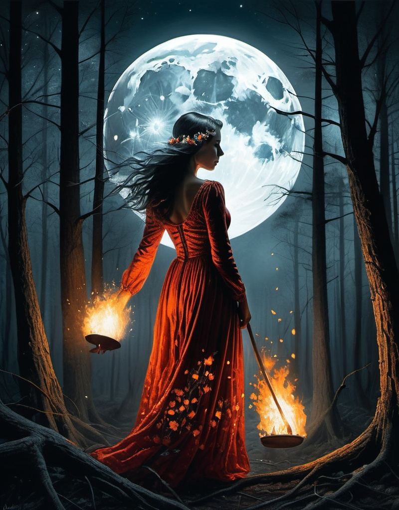 Prompt: Beautiful fire moonlight forest girl , style by Beth Conklin, Aleksi Briclot, surreal dream. Extremely detailed, intricate, beautiful, high definition 