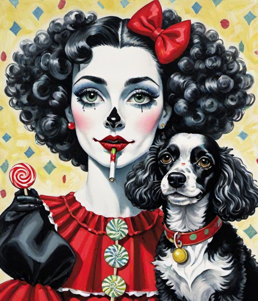 Prompt: Art by Earle Bergey, Steve Bell, Gemma Correll, carnivalesque captures a harlequin woman with lollipop, she has an extravagant choppy hairstyle with black and white streaks of hair, beautiful eyes, full lips, elegant hands, wearing a puffy off shoulder madder red dress. Her royal poodle with thick black and white curly coat poodle dog is with her. The resemblance of a dog to its owner, complicity, exaggerated facial expressions. Black, dark greens, red, saffron yellow and white.