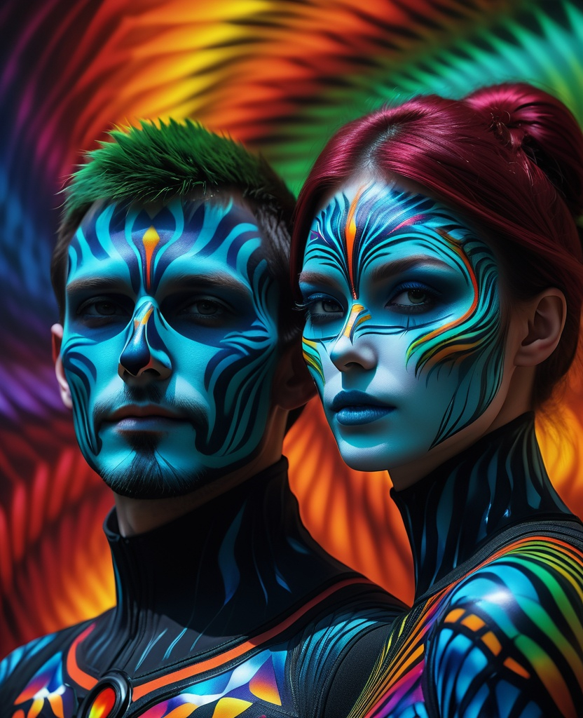 Prompt: a man and a woman with head and face painted in colorful bifrost patterns, in the style of daz3d, horror film, realistic anamorphic art, tokina at-x 11-16mm f/2.8 pro dx ii 