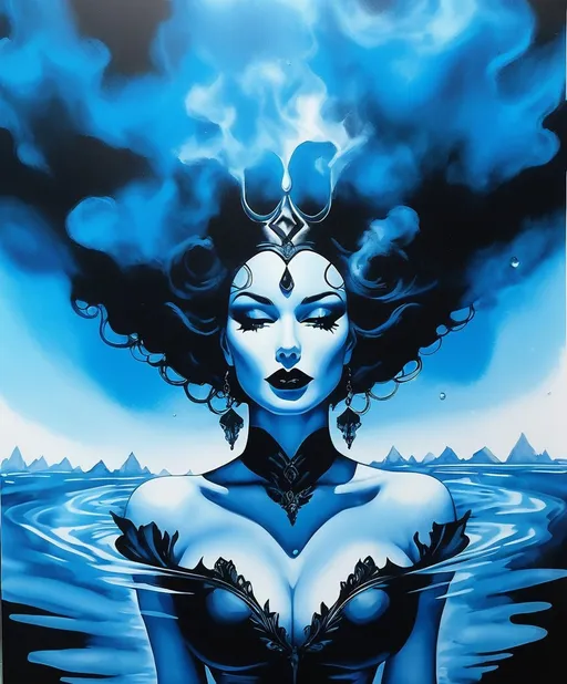 Prompt:  the rorschach pin up lady of smoke and mirrors in a blue water and black ink land, surreal, photorealistic 