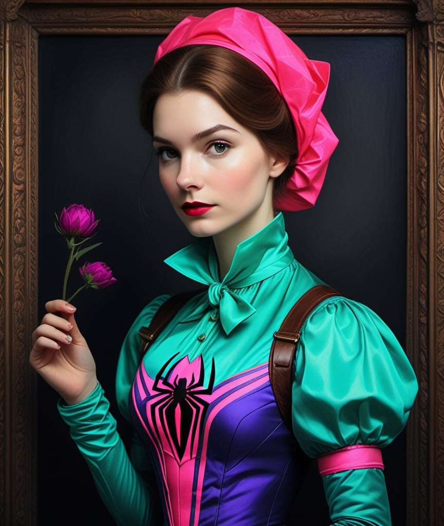 Prompt: Spiderman neon victorian outfit, in the style of beth conklin, artemisia gentileschi, contemporary take on medieval art, joel robison, historical reproductions, portraitures with hidden meanings 