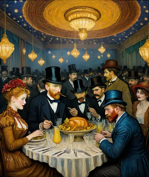 Prompt: renoir luncheon of the vaudeville night by van gogh. 3d, extremely detailed intricate beautiful 