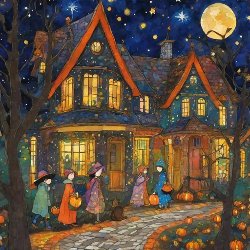 Prompt: trick-or-treaters by kids in bucolic whimsical house street under a starry sky art  by kitarō kōsaka, maurice brazil prendergast, wales bonner, botter, Charline von Heyl. Colorful, crossed colors, 3d, best quality, extremely detailed, intricate, beautiful, cute