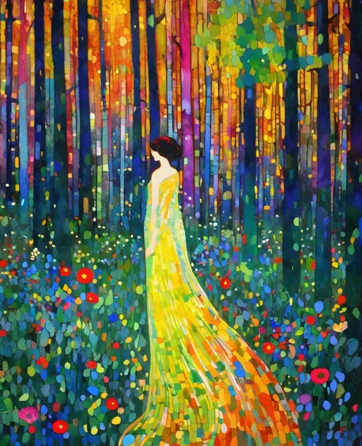Prompt: She comes in colors everywhere She combs her hair She's like a rainbow Coming, colors in the air Oh, everywhere She comes in colors, Gustav Klimt *Carboniferous Forest* 