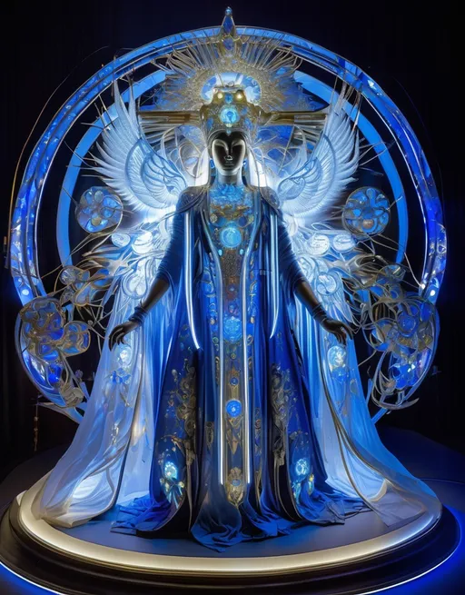 Prompt: celestial moon goddess wrapped in UV light tubes, by Guo Pei, Brian Froud, and Alex Grey 