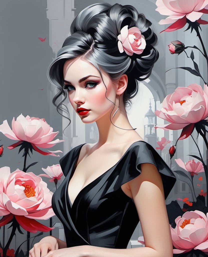 Prompt: Style of Fred Calleri, Josef kote, Jessica Durrant, doomed and gloomy beautiful girl, ombre pink updo hair, grey colored eyes, in gothic modern black dress, beautiful, detailed floral background.