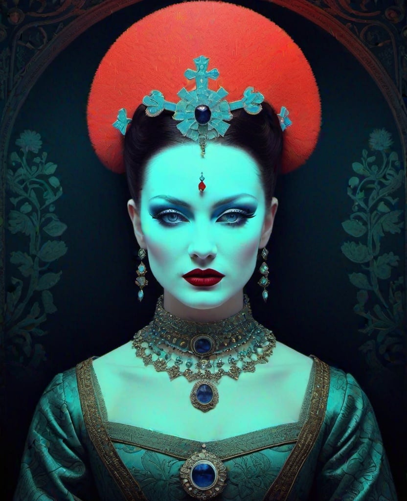 Prompt: Bad things happen when you say her name, her evil spirit is powerful, Don't be deceived by her pretty face, Blacklight paint, Anaglyph art style by catrin welz-stein, Michael hussar, tom bagshaw, Rachel Maclean